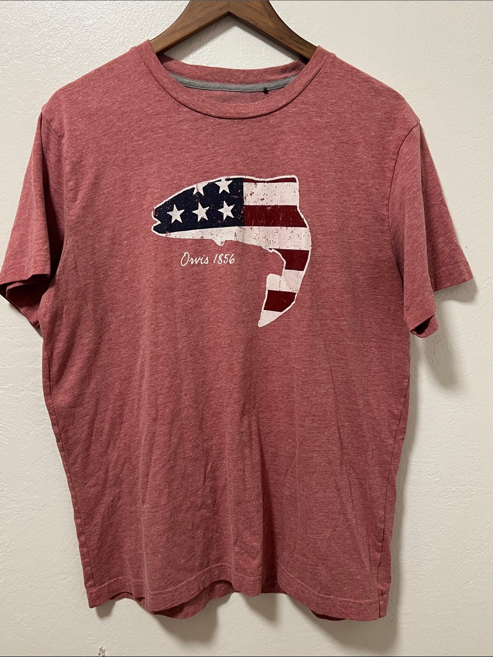 Orvis Red Heather Short-Sleeve Tee with American Flag Fish Graphic